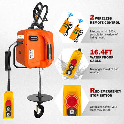 SENKEYFE PRO Power Electric Portable Hoist Winch 1100LBS, 30FT Electric Cable Hoist 1600W with Single/Double Hooks Dual Wireless Remote Control, Electric Hoist Lift Ceiling Winch for Lifting Towing