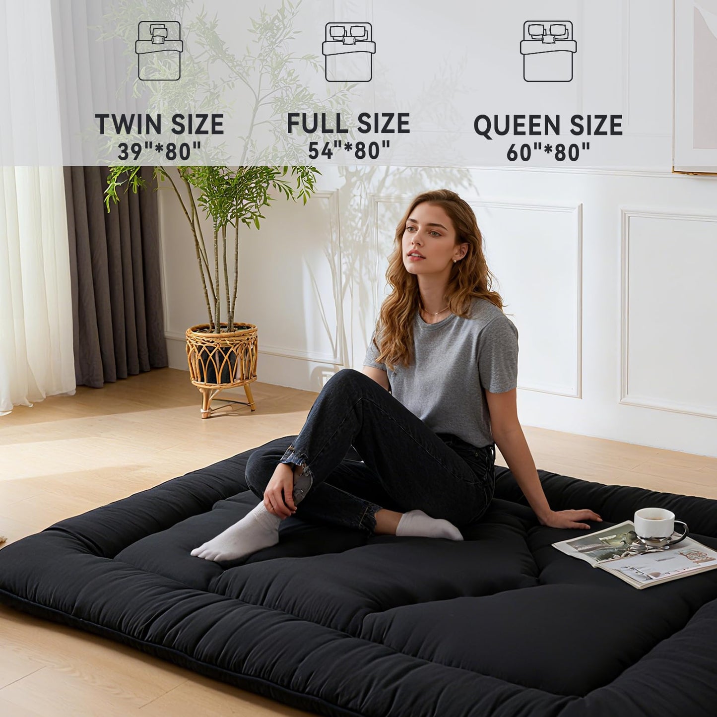 Ingdgnoso Japanese Floor Mattress, 3.5" Thicken Futon Mattress Tatami Mat, High Density Foam Support for Adult Kids Sleep, Portable Futon Sofa Bed for Camping, Pet Mat, Queen 80"x 60"（Black）