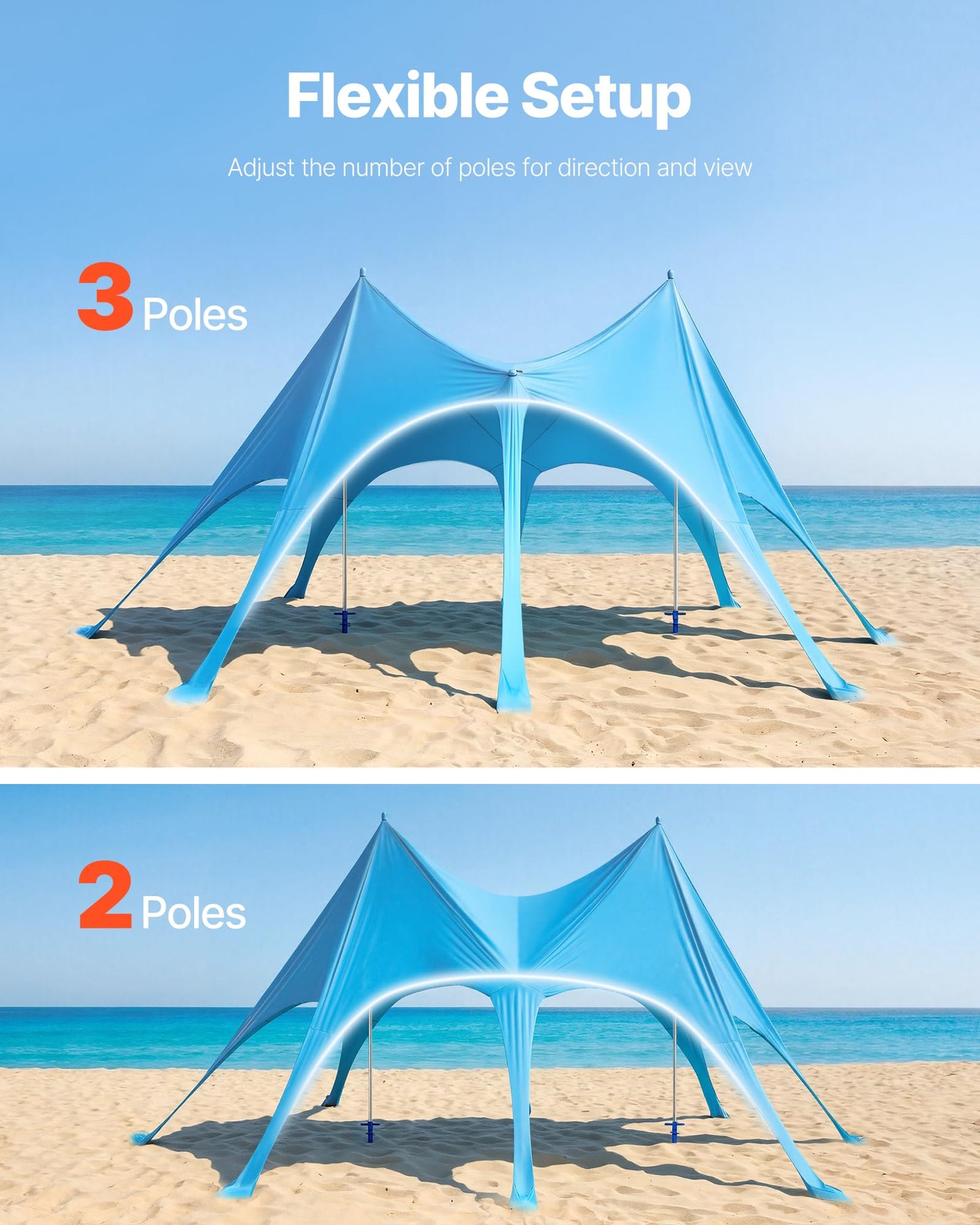 VEVOR Beach Tent Sun Shelter, UPF50+ Sun Protection, 9.2 ft Tall, 20 x 13 ft, Easy Pop Up Beach Canopy with Sandbags, Stability Poles, Sand Shovels, Portable Shade for Family Outings, Camping, Fishing