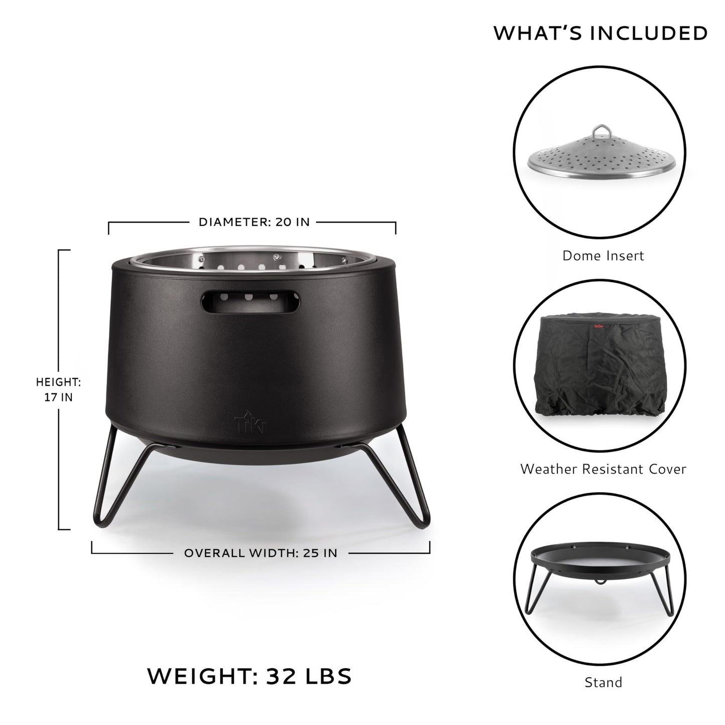 Smokeless Fire Pit 20-Inch – Portable Outdoor Wood Burning Fire Pit for Patio, Backyard & Camping, Stainless Steel, Removable Ash Pan, Stand & Cover – TIKI Social Fire Pit