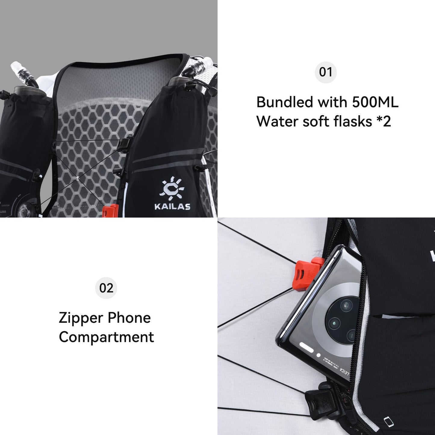 KAILAS FUGA AIR 5 Ⅳ Running Hydration Vest Hydration Pack Lightweight with Two TPU Water Bladders for Women Men Trail Cycling Hiking Black L