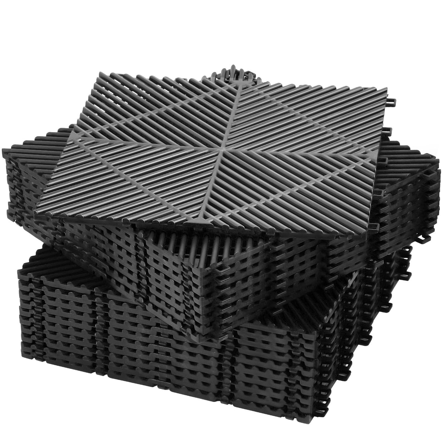 Barydat 72 Pcs 12'' x 12'' Garage Floor Tiles, Interlocking Drainage Flooring, Heavy Duty Non Slip Polypropylene, Easy Install for Garage Deck, Pool, Patio, Shower (Black)