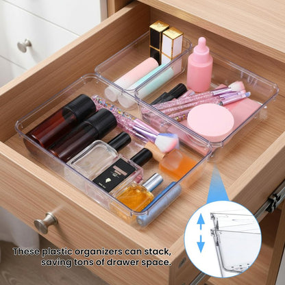 12 Pack Drawer Organizer - 3 Sizes, Clear Plastic Kitchen Drawer Organizers Set, Versatile Bathroom and Vanity Organizer Trays,Storage Bins for Makeup, Bathroom, Jewelries and Office
