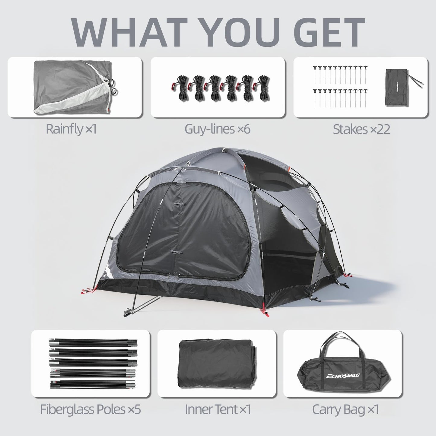EchoSmile 3-5 Person Family Camping Tent, Waterproof Windproof Heavy Duty Dome Shelter, Easy Setup Multi-Pole Cabana with Extra Storage Room for Wet Bags & Shoes, Outdoor Hiking Travel -Gray