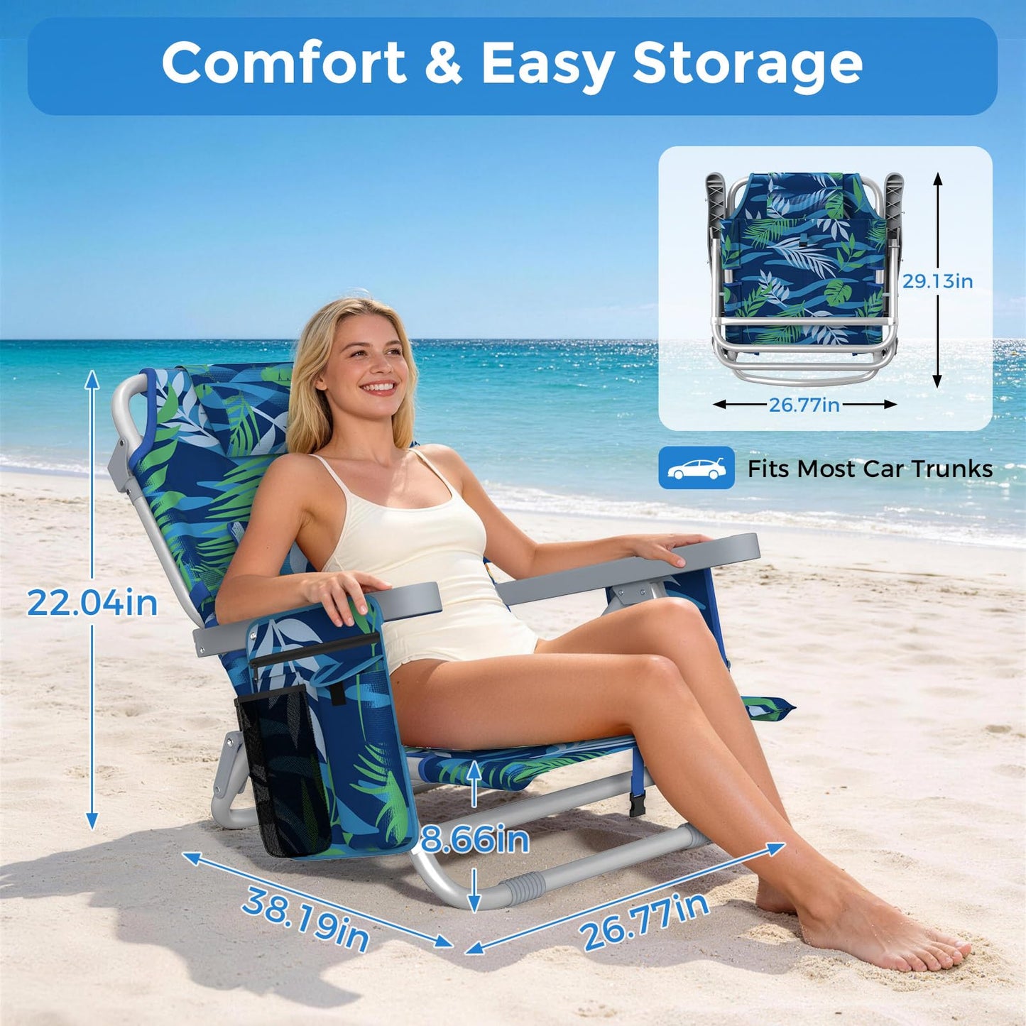 5-Position Backpack Beach Chairs for Adults, Foldable Heavy-Duty Beach Chair with Lumbar,Cooler Bag,Cup Holder,Towel Rack for Beach, Camping, Outdoor(2Pack)