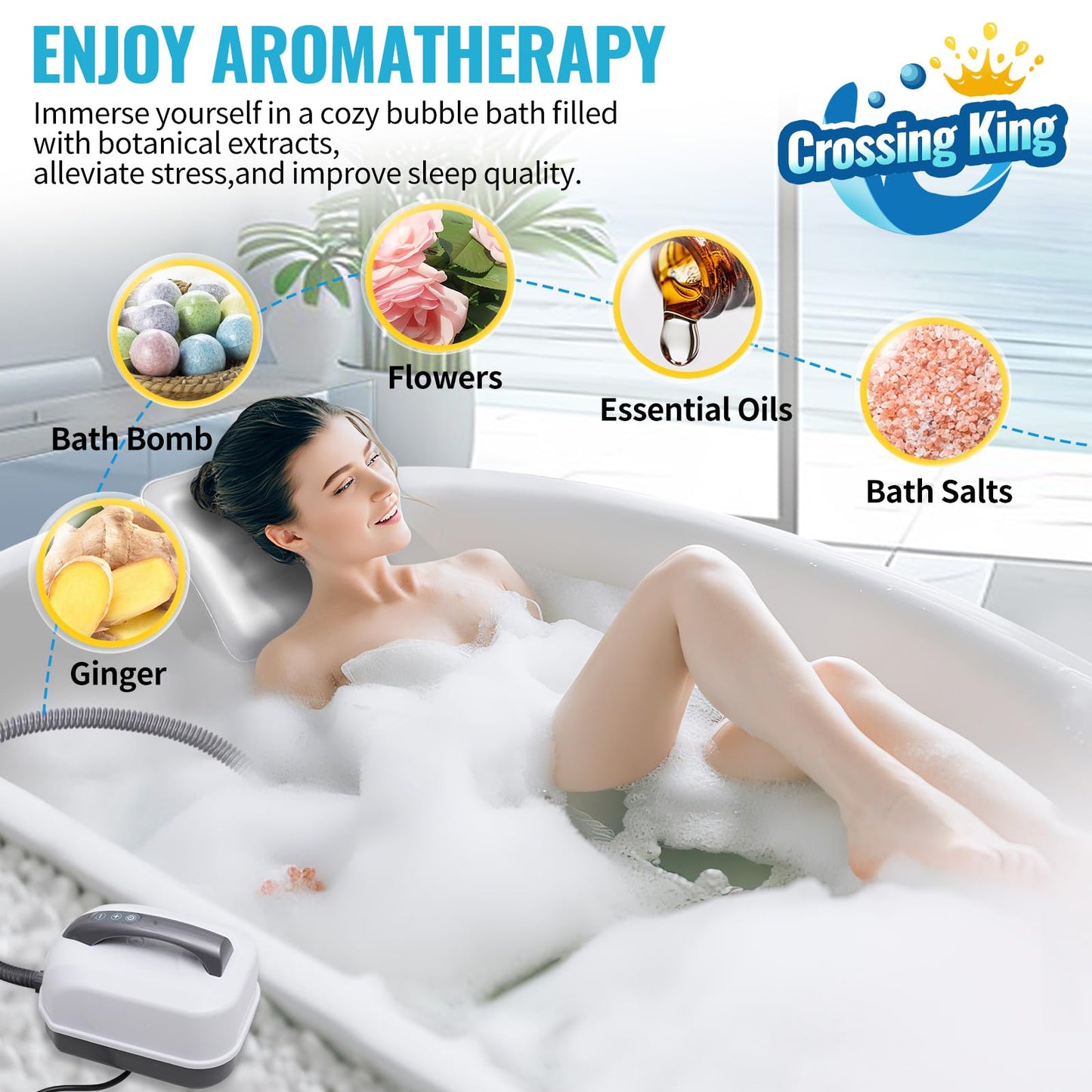 Crossing King Bubble Bath Mat Tub Spa Massager, Portable Spa Bubble Bath Massager with Upgraded Powerful Suction Cup, Electric Air Pump, Pillow and Remote Control for Relaxation 45 * 17in (Gray)