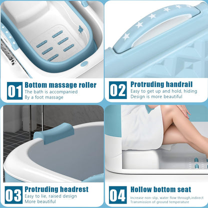PlayNeew 103cm Portable Folding Bathtub, Small Foldable Soaking Tub with Ergonomic Seat & Massage Roller, Large Collapsible Freestanding Tub for Adults, Hot/Ice Bath Blue