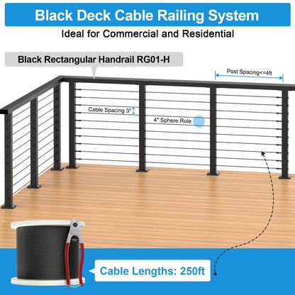 RailinGo 36" Complete Set Cable Railing Post Kits, Swageless Cable Rail System Includes 4Pack 35" Level Drilled Posts, 3Pack 4.5FT Cable Handrail w/Connectors, 1/8" 250FT Wire Rope, Black Wire Railing