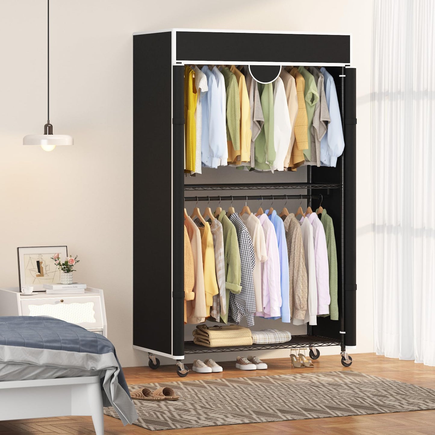 Heavy Duty Clothes Rack with Cover, 485LBS Capacity, Portable Closet Wardrobe on Wheels, Carbon Steel, Dustproof, Tool-Free Assembly, Clothes Racks for Hanging Clothes, for Bedroom, Laundry, Storage