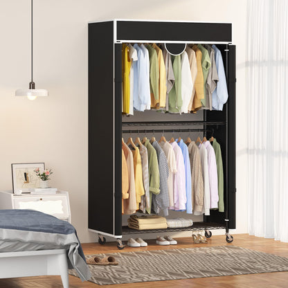Heavy Duty Clothes Rack with Cover, 485LBS Capacity, Portable Closet Wardrobe on Wheels, Carbon Steel, Dustproof, Tool-Free Assembly, Clothes Racks for Hanging Clothes, for Bedroom, Laundry, Storage