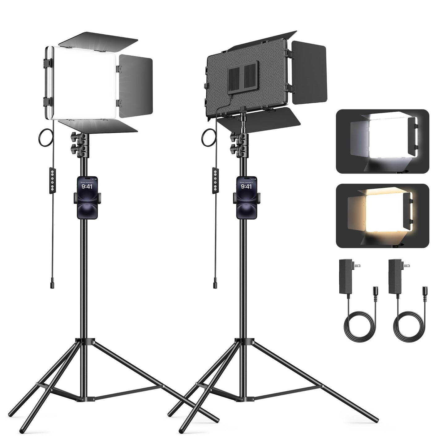 Scrhot 2 Pack LED Video Light Kit 79'' Tripod Light Stand, 30W 3000Lux Photography Light with Barndoor, CRI 98+ 2500K-8500K Studio Lights Panel Podcast Lighting for Video Recording/Game Live Streaming