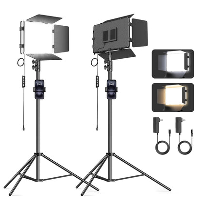 Scrhot 2 Pack LED Video Light Kit 79'' Tripod Light Stand, 30W 3000Lux Photography Light with Barndoor, CRI 98+ 2500K-8500K Studio Lights Panel Podcast Lighting for Video Recording/Game Live Streaming