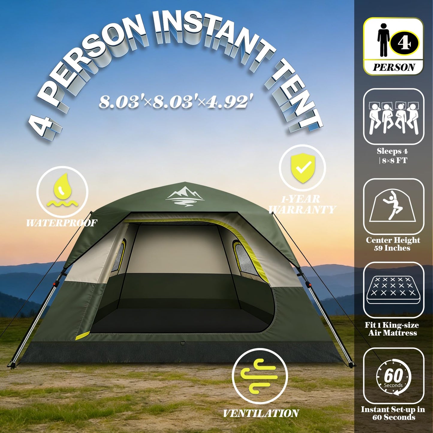 4 Person Instant Camping Tent - Waterproof Pop Up Tents for Camping with Rainfly, Large Family Tent with Pre-Attached Poles, 60S Easy Setup, Upgraded Ventilation with Welcome Mat