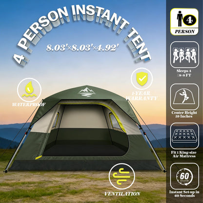 4 Person Instant Camping Tent - Waterproof Pop Up Tents for Camping with Rainfly, Large Family Tent with Pre-Attached Poles, 60S Easy Setup, Upgraded Ventilation with Welcome Mat