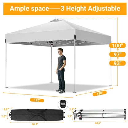 10x10ft Pop Up Canopy, Heavy Duty Beach Tent with Waterproof Silver Coated Top, 3 Heights & 4 Sandbags, Sun Shade with Rolling Bag, Outdoor Tent for Events, Parties, Camping - Silver White