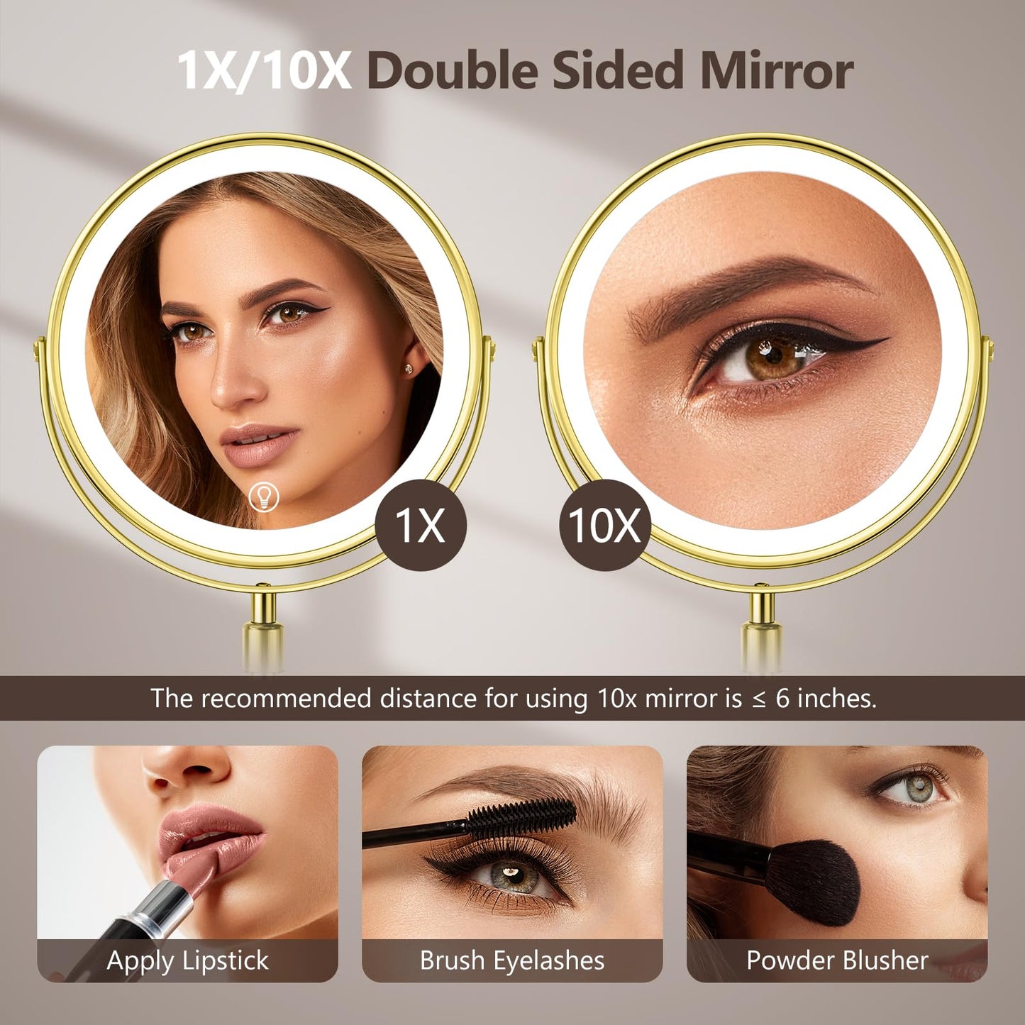 Lighted Makeup Mirror, Rechargeable Height Adjustable Double Sided, 1x/10x Magnifying with 3 Color, Brightness Adjustable, 360° Rotation Vanity, Gift for Women
