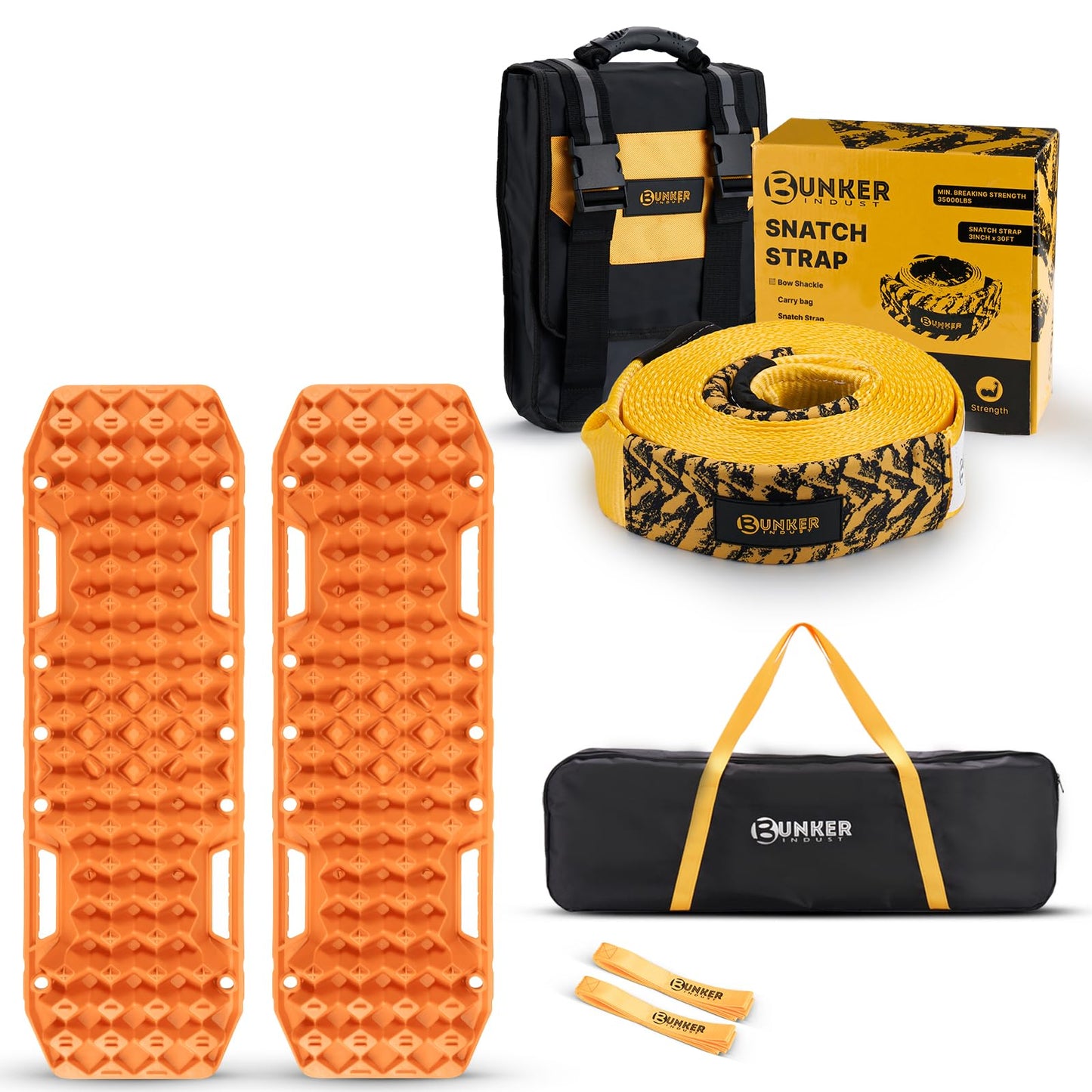 BUNKER INDUST Gen 7th Traction Board with Jack Base Orange + 3" x 20ft Tow Strap with Bag Recovery Kit