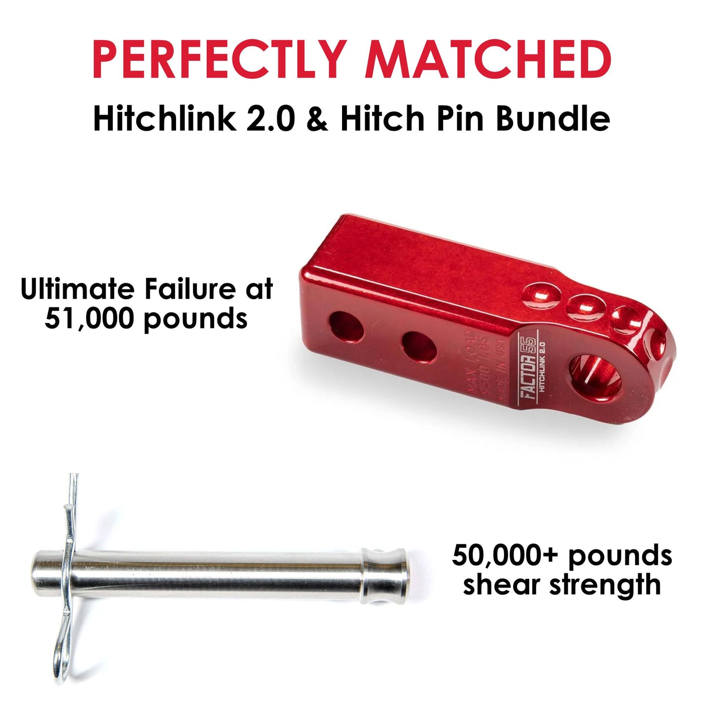 Factor 55 Shackle Mount Receiver HitchLink 2.0 Rated 9,500 lbs, Red, Bundle with a Factor 55 Quick Release Hitch Pin and Keychain