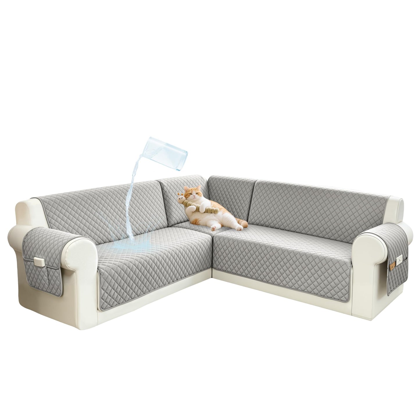 SYJOVIA Sectional Couch Covers for Dogs 100% Waterproof Corner L Shaped Sofa Cover Pet Friendly Velvet Washable Anti Slip L Shape Modular Sofa Slipcover Protector with Pockets (Light Gray, Small)