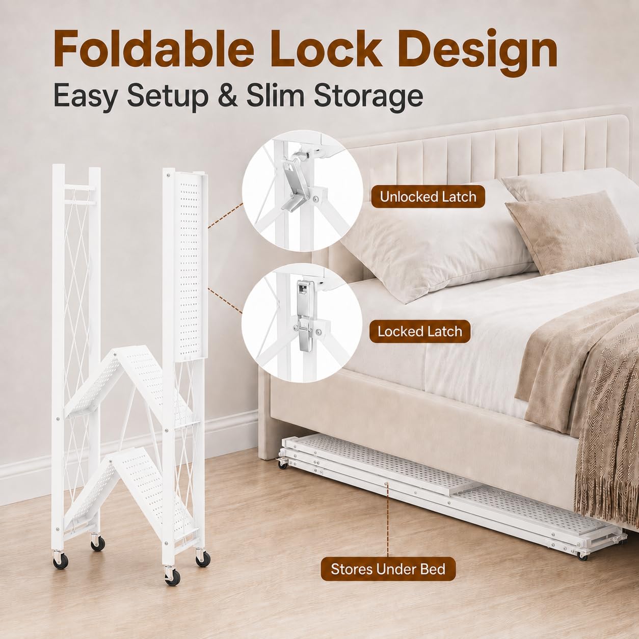 Sharkwave Living Foldable Clothing Rack with Wheels, Portable Folding Clothes Rack Organizer with Shelves and Side Hooks, Collapsible Wardrobe Closet for Bedroom or Laundry Room，White