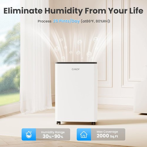 Candy Dehumidifier - 2000 Sq. Ft. Portable 34 Pints with Smart Control & Continuous Mode | Ideal for Bedroom, Bathroom, Basement