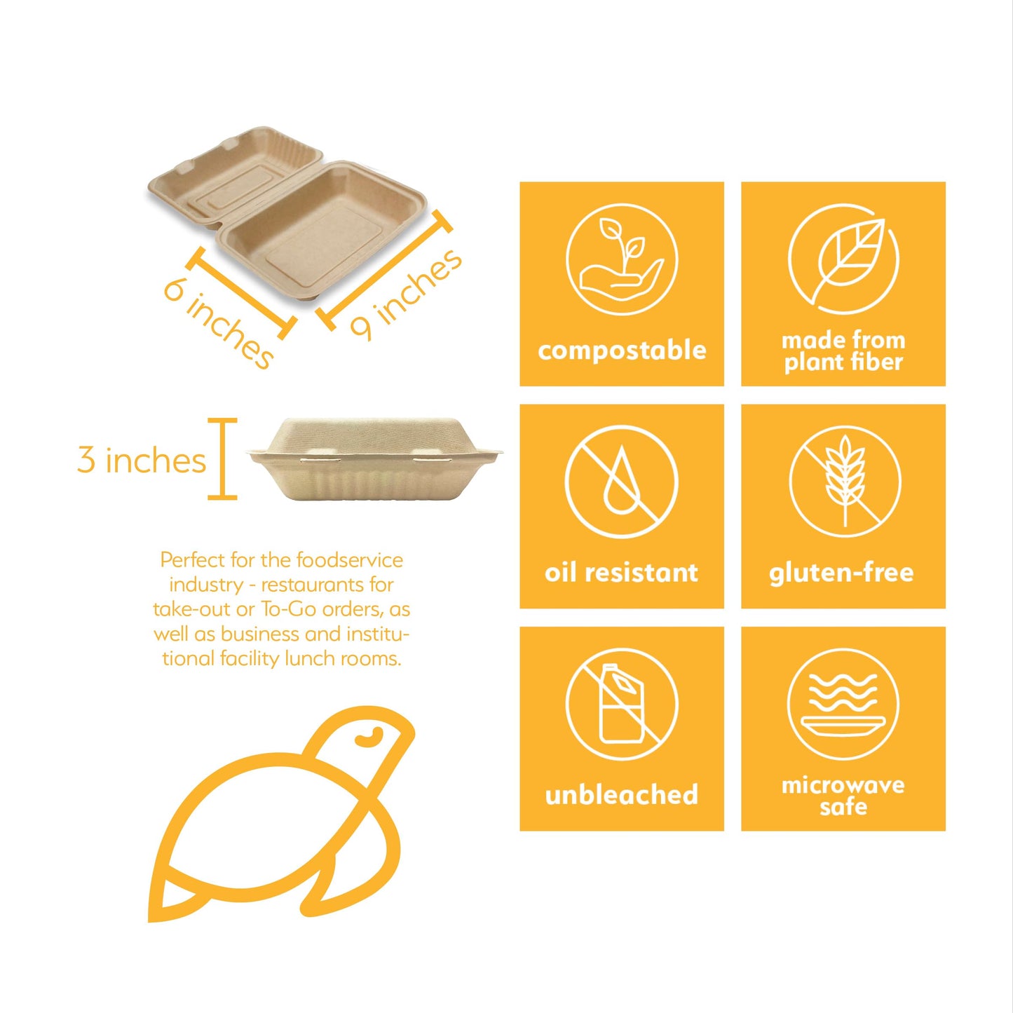 100% Compostable Disposable Food Containers with Lids [9”X6” 500 Pack] Eco-Friendly Take-Out TO-GO Containers, Heavy-Duty, Biodegradable, Unbleached by Earth's Natural Alternative
