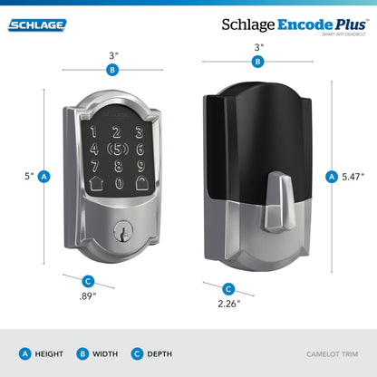 Schlage BE499WB CAM 619 Encode Plus WiFi Deadbolt Smart Lock, Keyless Entry Touchscreen Door Lock with Camelot Trim, Satin Nickel
