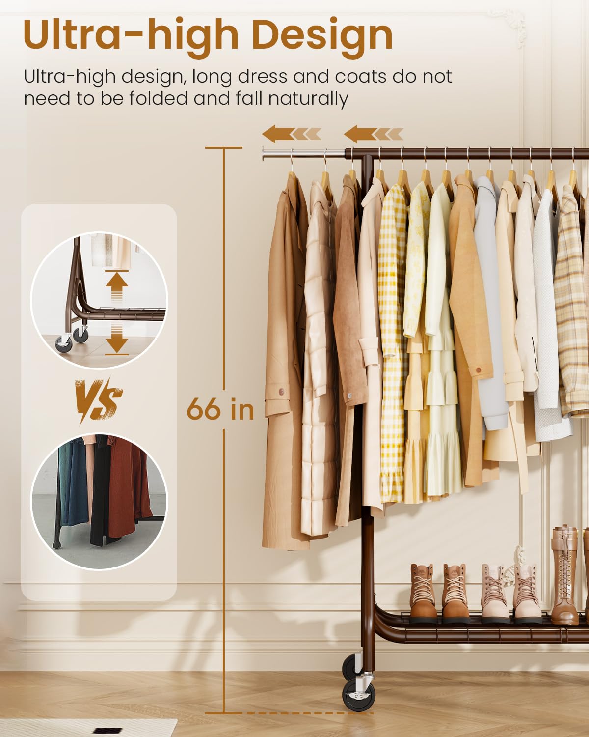 JIEJIERUI Heavy Duty Clothing Rack, Metal Clothes Rack Load 450 LBS, Rolling Coat Racks for Hanging Clothes with Lockable Wheels, Wardrobe Closet Garment Racks for Bedroom, Brown