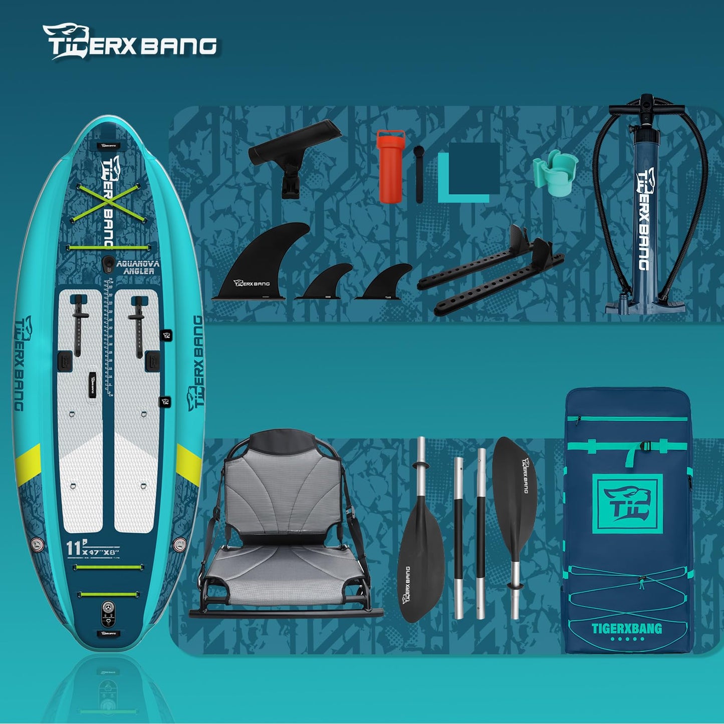 TIGERXBANG 11'x47''x8'' Inflatable Fishing Kayak, High-Performance Inflatable Kayak-Ideal for Water Fishing Activities, Equipped with Comfortable Seats and Camera Base Versatile Accessories