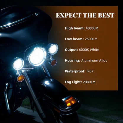 7 Inch LED Motorcycle Headlight Kit Compatible with Harley Davidson Road King Street Glide Electra Glide Ultra Classic Heritage Softail Fat Boy, 4.5 Inch Fog Passing Lights, IP67 Waterproof 6000K