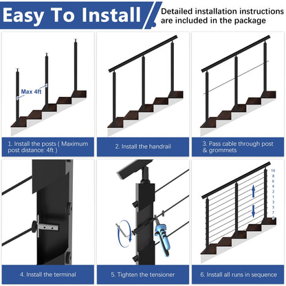 Zylorix 36" Swageless 2-4FT Black Complete Cable Railing System Post Kit with Handrail Cuttable, T304 Stainless Steel, Modular Pre-Cut 1/10" Cable Railing Kit with Stair Post for 28-38 Degree Stairway