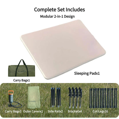 Freein Double Camping Cot with 7 PSI Inflatable Mattress Combo, Queen Size Modular 2-in-1 Sleep System, Dual-Height Adjustable, 16-Point Stable Frame Supports 820lbs, Portable SUV & Tent Bed