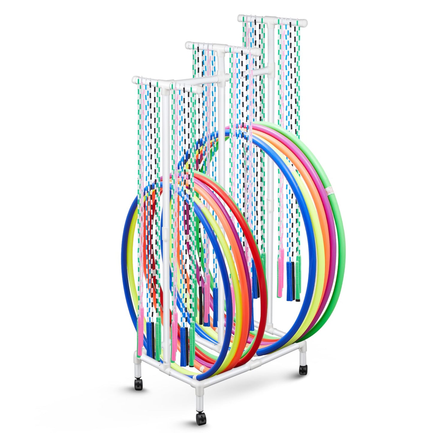 Duraaamo PVC Hoop Cart Plastic Jump Rope Rack with Wheels Movable Hoop and Rope Holder PE Equipment Stand for Storage Indoor Outdoor Sports Elementary School Gear, 28 x 18 x 69 Inch