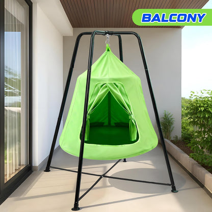 LaRandom X-Shaped Swing Stand Frame with Tent Sensory Swing for Kids Adults Indoor Outdoor Use 330 Lbs Capacity Detachable Heavy Duty Hanging Chair Hammock Nest Pod with Stand for Mutiple Kids(Green)