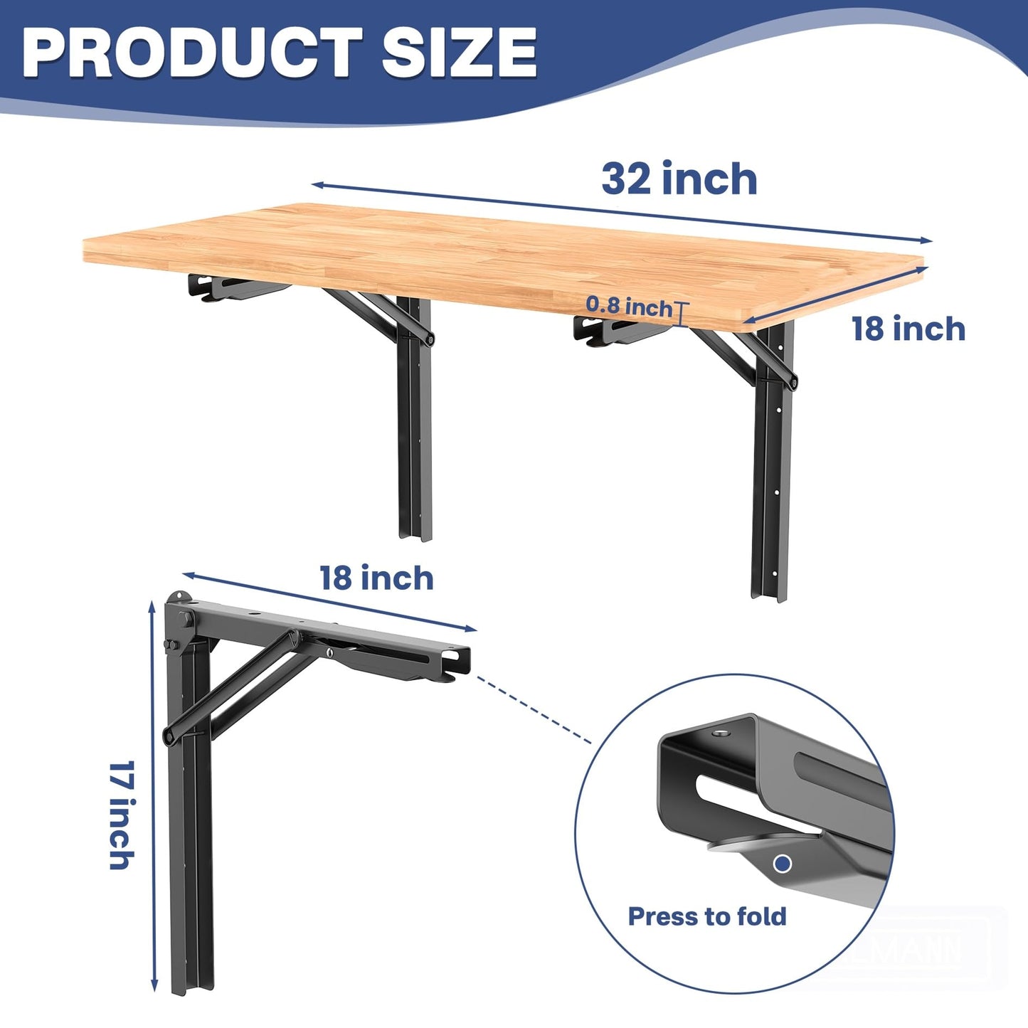 WALMANN Space Saving Wall Mounted Folding Workbench, Heavy Duty Folding Wall Table/Desk for Garage, Workshop, Holds Up to 550 lbs(Tabletop Size: 32 x 18inch)