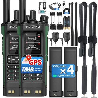 BAOFENG DM32 Ham Radio Handheld DM-32UV Walkie Talkies Long Range with NOAA Emergency Weather | 10W Rechargeable (4PCS Batteries) DM-32 DMR Radio with GPS,USB-C Charging for Survival Gear Hunting