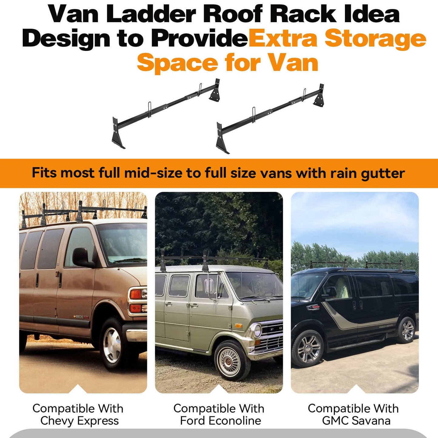 Colinktool Universal Van Ladder Roof Racks, Adjustable Van Roof Ladder Racks with Cargo Roller Compatible with 1996-Up Chevy Express Fullsize and Vans with Rain Gutter,Black-2Pack