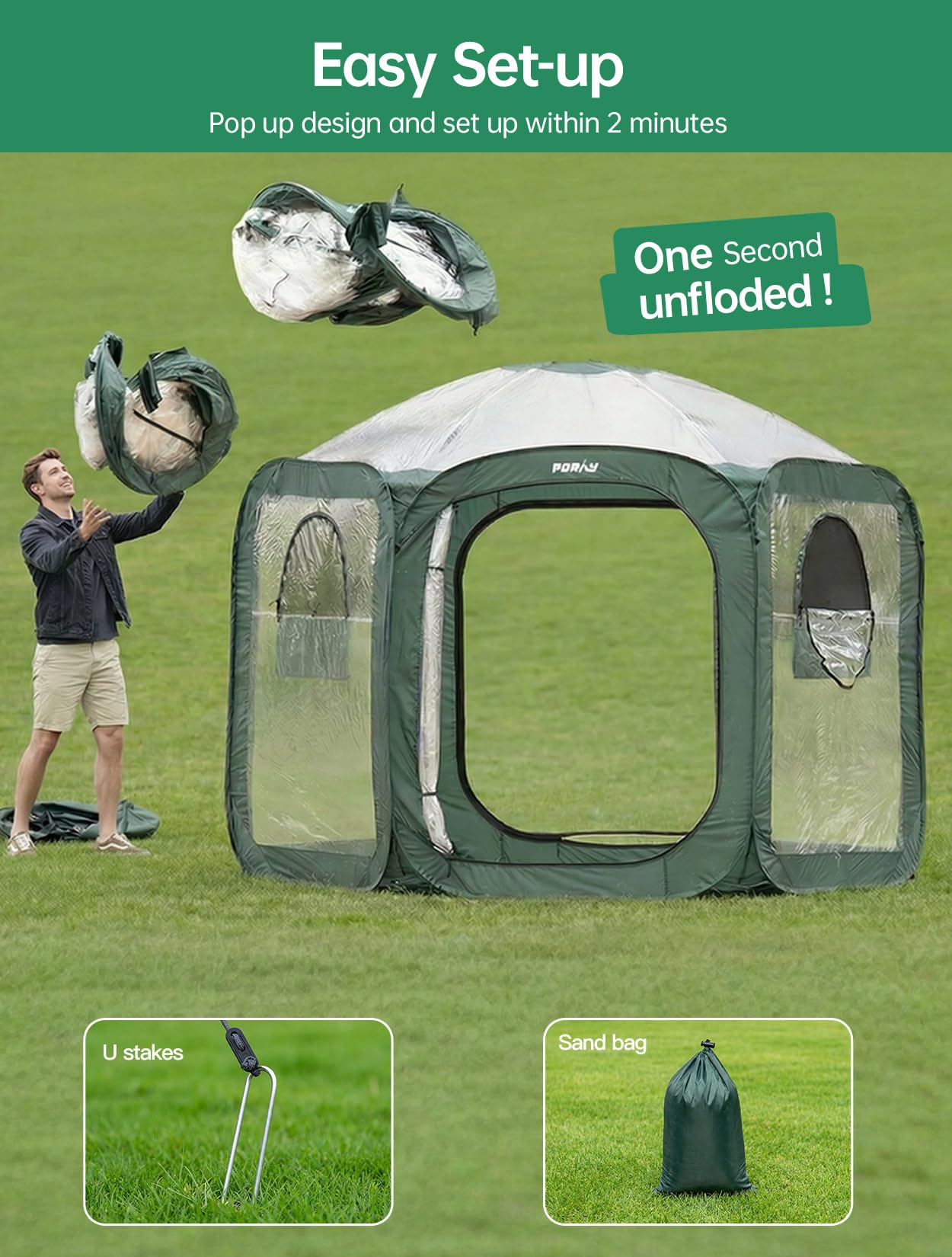 Porayhut Pop up Greenhouse Tent,Portable Large Walk-in Plant House 10’X10’ ,Indoor Outdoor Gardening Plant Sunshine Room with PVC Mesh Cloth Cover for Protecting Plant from Cold Frost & Birds