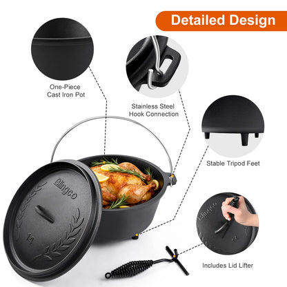 Blingco Pre-Seasoned Cast Iron 10QT Camp Dutch Oven with Lid, Large Camping Dutch Oven Pot, incl. Lid Lifter - Dual Handles - for Outdoor Campfire, Grill, Oven&Stovetop Cooking - Black