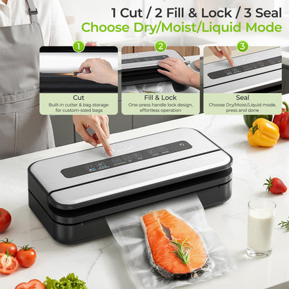 Vacuum Sealer, 90Kpa Food Vacuum Sealer Machine Built-in Cutter & Bag Storage, Food Preservation Dry/Moist/Liquid Mode, Sauces and More, Handle Locked Design Includes 2Roll + 5 Bags