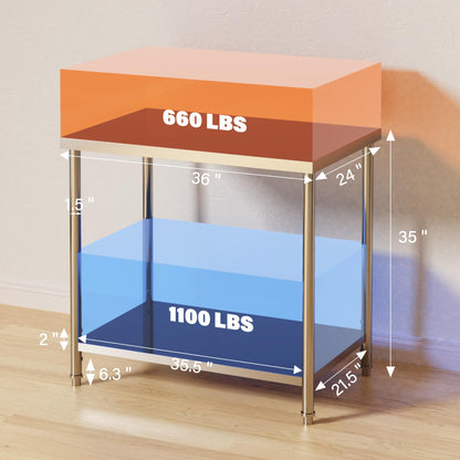 Stainless Steel Table, 36" x 24" Prep Workstation, 1000 LBS, NSF Commercial Work Table with Adjustable Undershelf and Galvanized Legs, for Restaurant, Home, Kitchen, Hotel, Outdoor