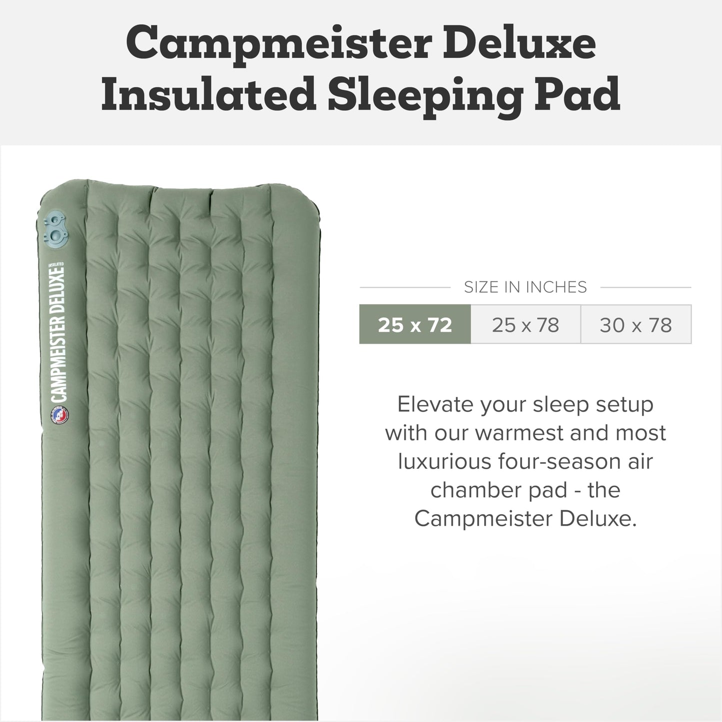 Big Agnes Campmeister Deluxe - Insulated Sleeping Pad, Ultralight Inflatable Mat For Camping, All Season Compact Backpacking And Hiking, 25x72 Wide Regular