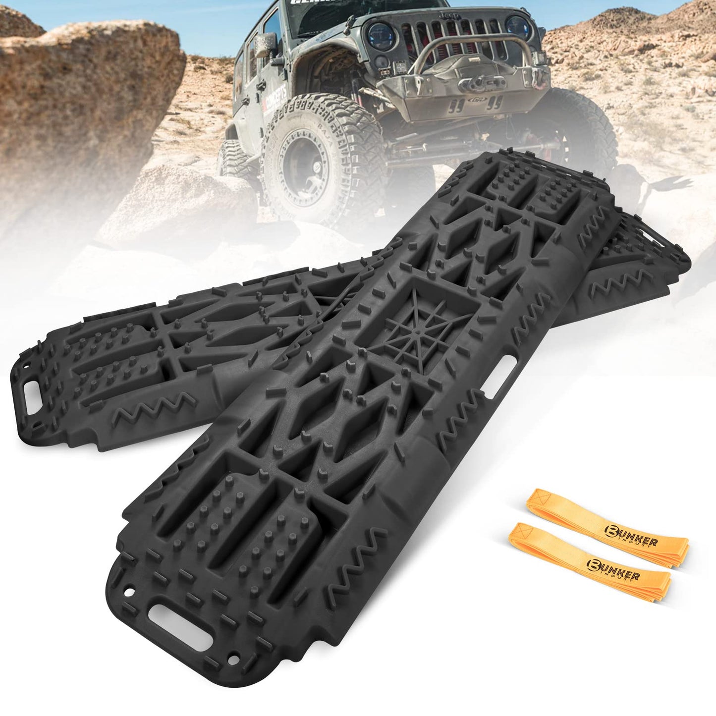 BUNKER INDUST Traction Boards with Jack Lift Base Black(Gen 2) + 3" x 30ft Tow Strap with Bag Recovery Kit