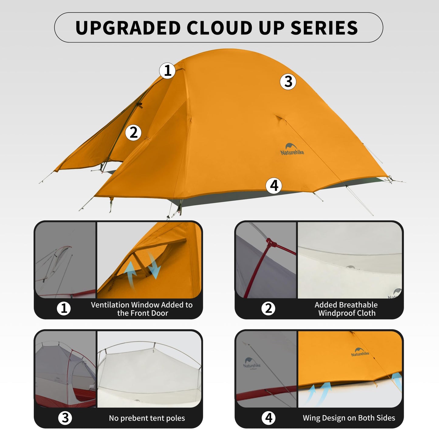 Naturehike Cloud up Base Backpacking Tent, Waterproof Lightweight 2 Person Tent for Camping, Double Layer Two Person Tent with Footprint
