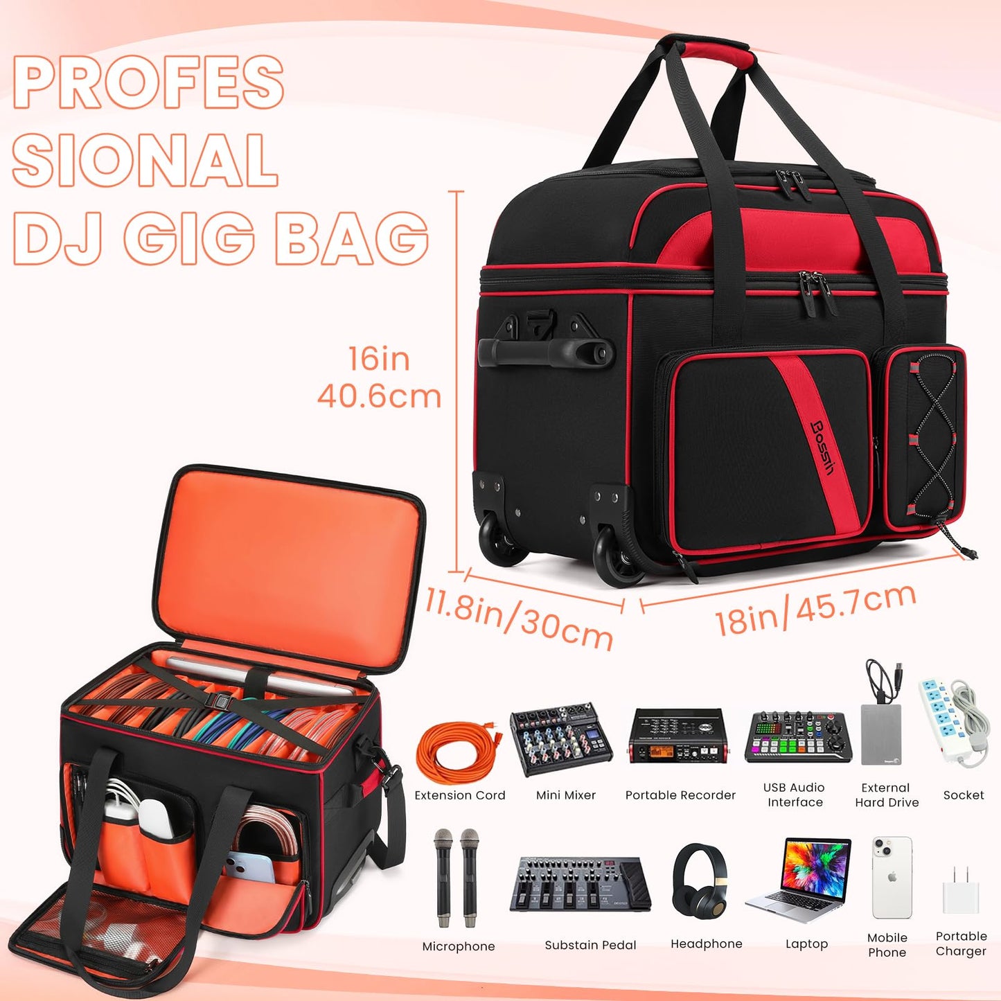 BOSSTIN Rolling DJ Cable Bag with Wheels, DJ Gig Bag Case for Equipment with 15.6" Laptop Compartment, Padded Detachable Dividers, Multi-Pocket Travel Storage for Music Gear & Accessories