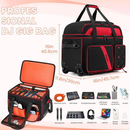 BOSSTIN Rolling DJ Cable Bag with Wheels, DJ Gig Bag Case for Equipment with 15.6" Laptop Compartment, Padded Detachable Dividers, Multi-Pocket Travel Storage for Music Gear & Accessories