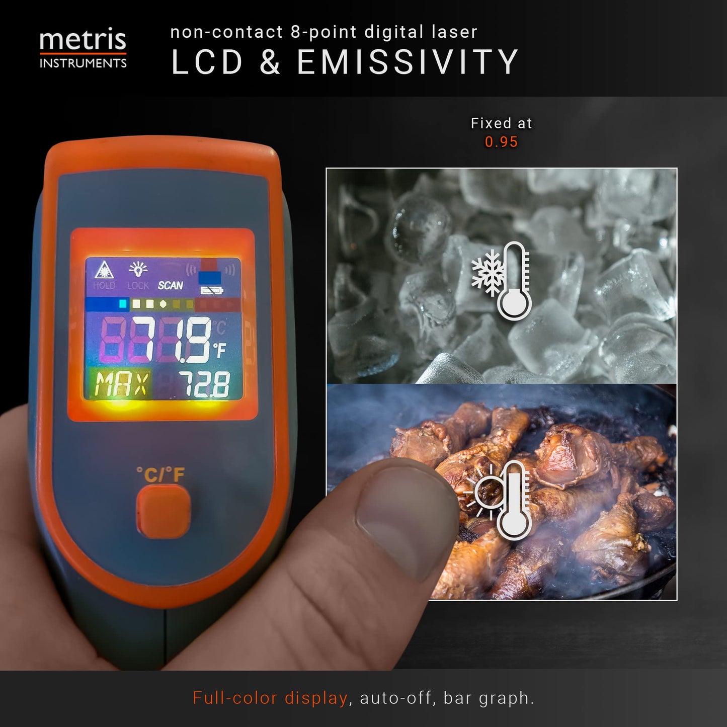 Metris Instruments Digital Infrared Thermometer Gun Laser Temperature Gauge for Cooking, Grill, Pizza Oven, HVAC Tools, 8-Point, 76o to 932o F [-60o to 500o C] 12:1 D:S Ratio, Model TN418L1