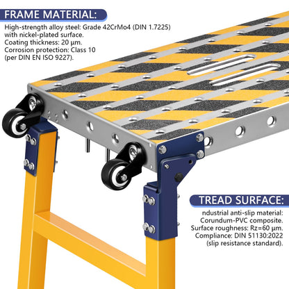 Work Bench+Step Ladder 2 in 1 with 1102 LBS Load Capacity, Versatile Portable Steel Folding Welding Table with Height 23 to 35 inches Adjustable Folding Portable Platform with Non-Slip Mat