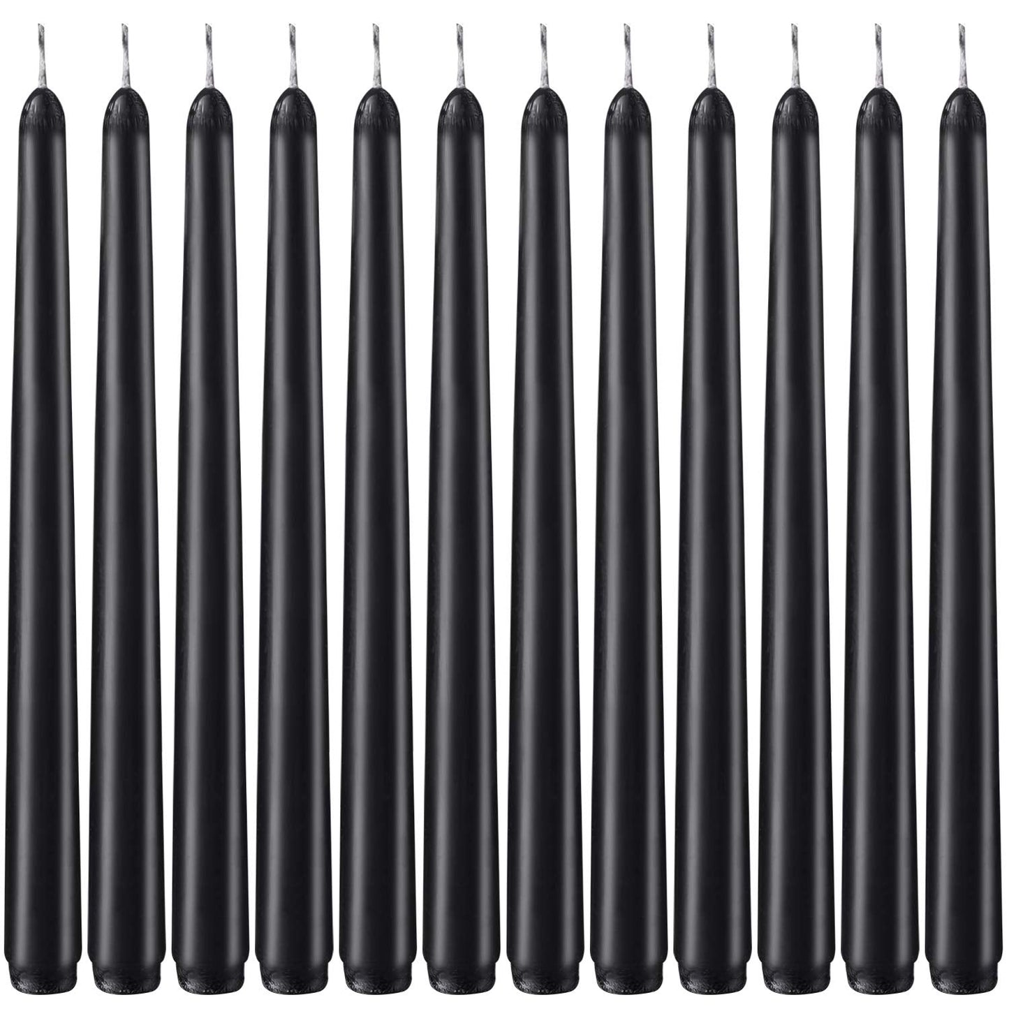 Set of 12 Black Taper Candles, 10 Inch Unscented Dripless Candlesticks - 8 Hours Long Burning for Home Decor, Halloween, Wedding, Parties and Special Occasions