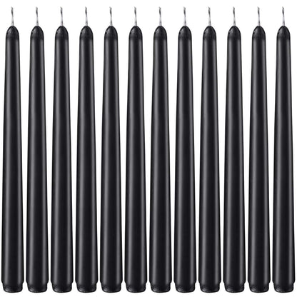 Set of 12 Black Taper Candles, 10 Inch Unscented Dripless Candlesticks - 8 Hours Long Burning for Home Decor, Halloween, Wedding, Parties and Special Occasions